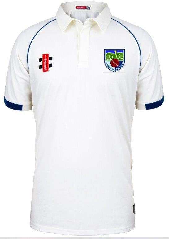 The Gray Nicolls Gotherington CC Matrix V2 S/S Playing Shirt is a white cricket top with blue-trimmed sleeves, a fold-over collar, and two chest logos. It offers moisture control for comfort while playing.