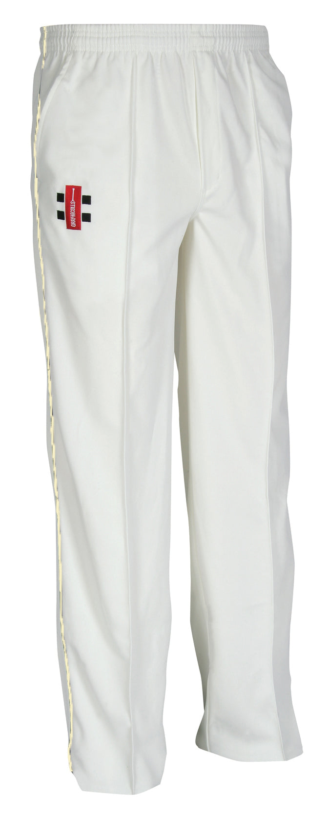 The Gray Nicolls Huntley CC Matrix V2 Match Trousers (Adult) are white cricket trousers featuring an elastic waistband, black and red logo on the left thigh, cream piping along the seams, and a tapered fit for style and comfort.