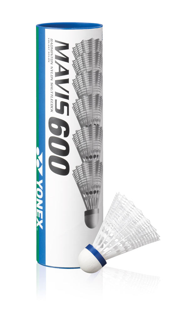 A Yonex Mavis 600 Shuttles (Tube of 6) pack is shown, with one white plastic shuttlecock featuring a blue band and natural cork, placed in front of the Yonex-branded tube.