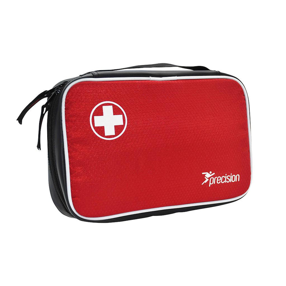 The Precision Training Precision Pro HX Medi Grab Bag is a rectangular red medical kit with black zippers and piping, a white cross in a circle, and "precision" printed on the front—ideal as a durable sports bag for supplies.
