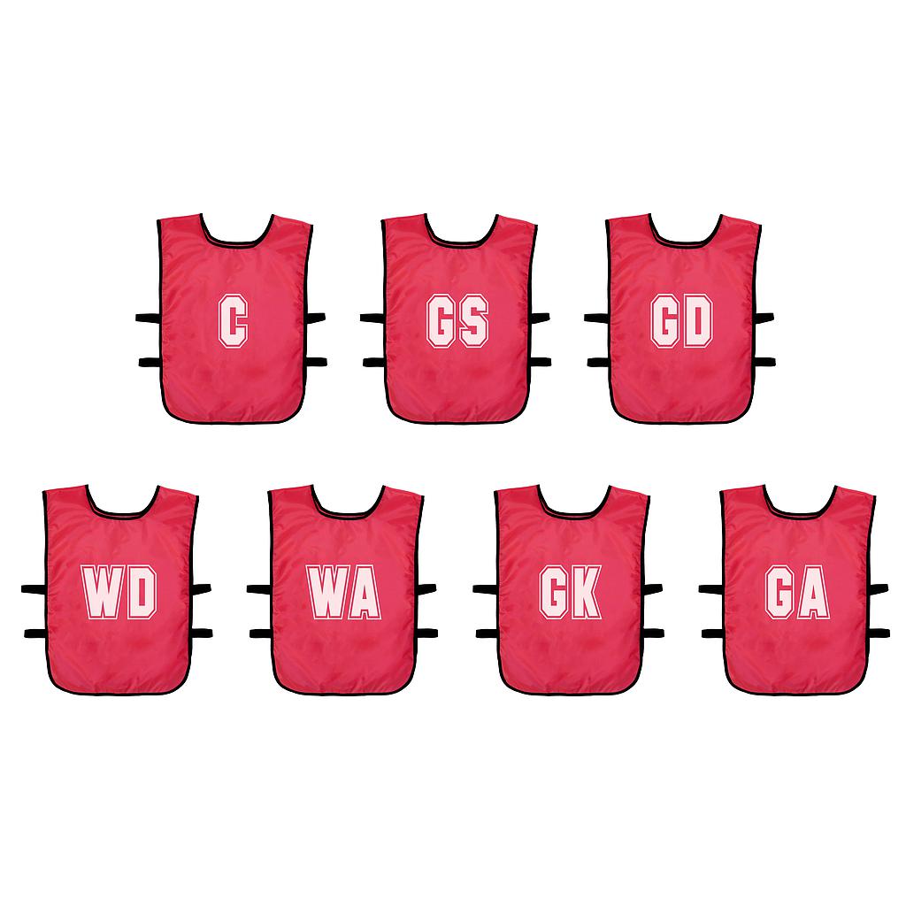 The Precision Training Mesh Netball Training Bibs pack includes 7 red bibs with white position letters (C, GS, GD, WD, WA, GK, GA) and black side straps for secure fit during play.