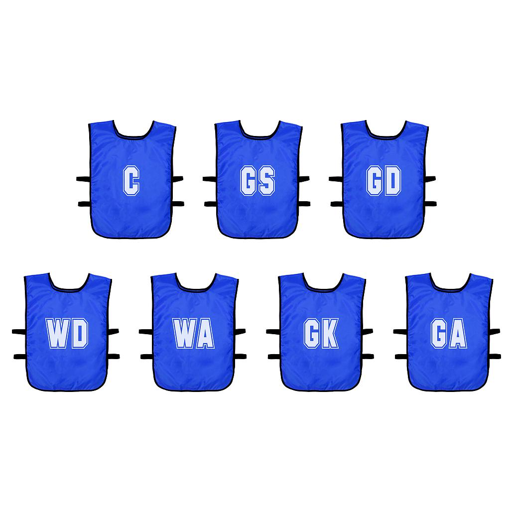 The Precision Training Mesh Netball Training Bibs (Pack of 7) feature blue bibs with white position labels—C, GS, GD, WD, WA, GK, GA—and black side straps, ideal for any netball training session.