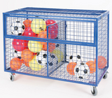 The Mastersport Mesh Storage Trolley, a large blue steel cart on wheels, holds assorted playground balls—soccer plus red, orange, and yellow balls—shown against a white background.