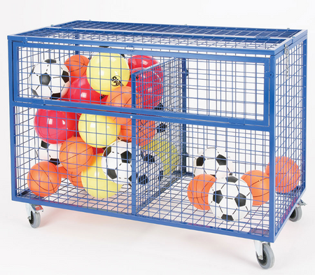 The Mastersport Mesh Storage Trolley, a large blue steel cart on wheels, holds assorted playground balls—soccer plus red, orange, and yellow balls—shown against a white background.