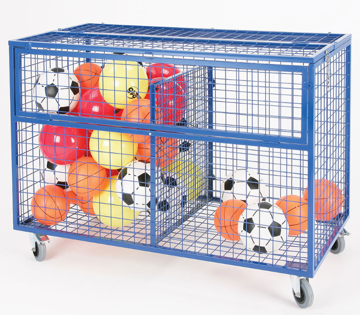 The Mastersport Mesh Storage Trolley, a large blue steel cart on wheels, holds assorted playground balls—soccer plus red, orange, and yellow balls—shown against a white background.