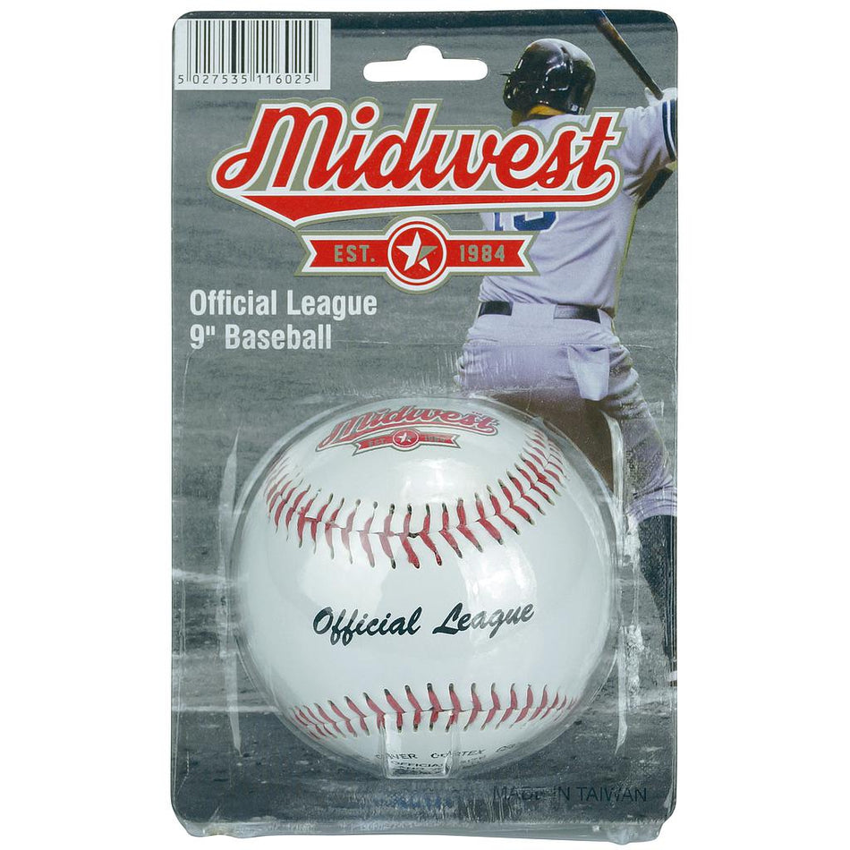 The Midwest Baseball Ball by Midwest, a 9-inch Official League baseball with red stitching and printed text, is ideal for recreational games—shown against a background featuring a player holding a bat.