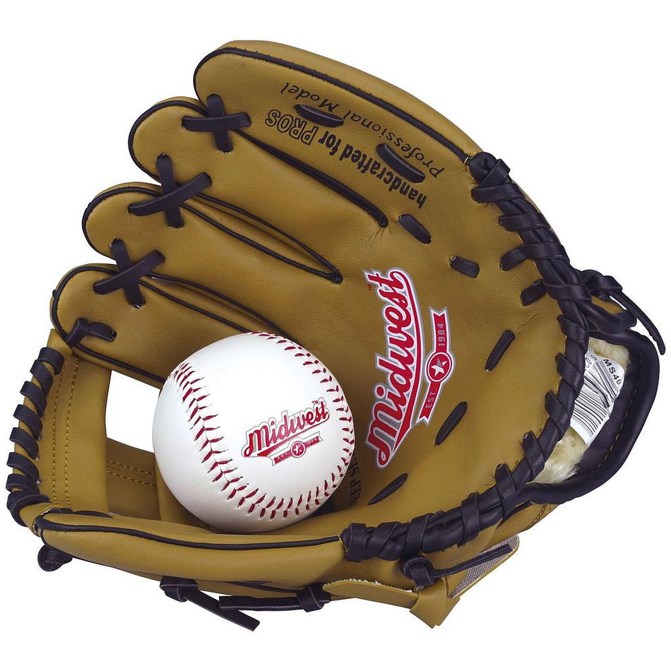 The Midwest Baseball Glove & Ball set includes a brown leather junior glove with black laces and a white ball, both featuring the red Midwest logo.