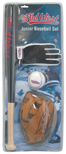 The Midwest Junior Baseball Set by Midwest includes a black rubber wood bat, junior glove, white baseball, and brown mitt, all neatly displayed in clear plastic packaging.