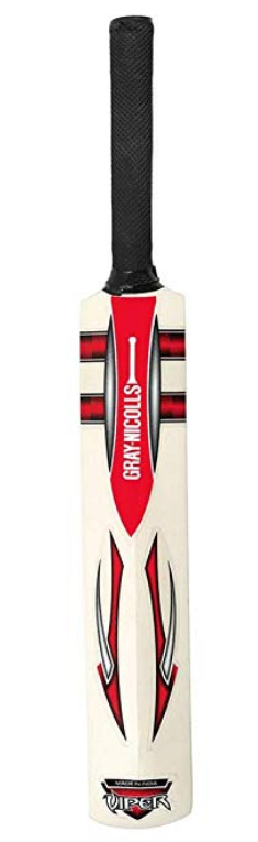 The Gray Nicolls Miniature Cricket Bat features a wooden blade with red, black, and white accents and "Gray Nicolls" printed vertically—ideal as an autograph bat for cricket fans.