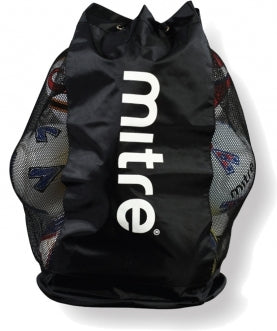The Mitre Mesh 12 Ball Sack by Mitre is a black mesh storage bag with "Mitre" in white, designed to hold up to 12 soccer balls—ideal for transporting and storing balls for practice or games.