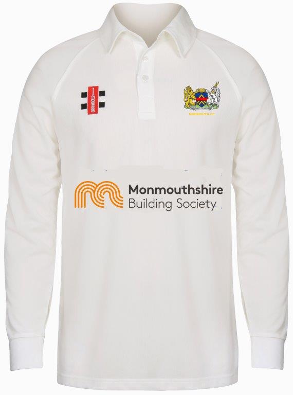 The Gray Nicolls Monmouth CC Junior Larger Sizes Matrix V2 Long Sleeve Shirt is a white cricket shirt featuring the Monmouthshire Building Society logo, colorful club crest, two sponsor logos, and moisture-wicking fabric with collar and buttoned placket.