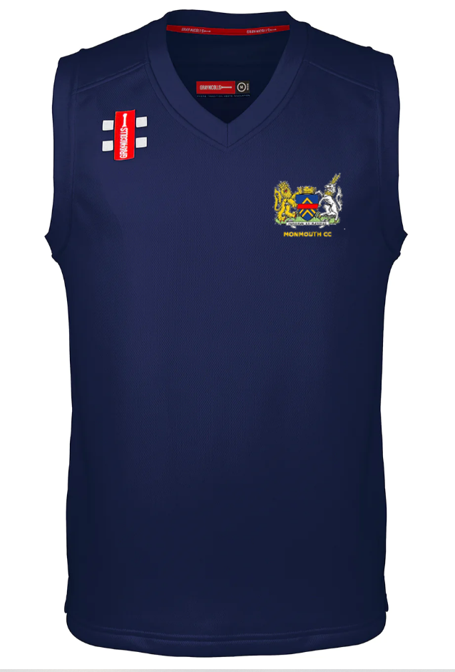 The Gray Nicolls Monmouth CC Pro Performance Slipover is a sleeveless navy V-neck sweater with the club crest on the left chest, two white stripes, and a red label on the right shoulder—a classic, stylish cricket design.