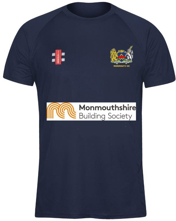 The Monmouth CC Junior Matrix V2 T Shirt by Gray Nicolls is navy blue with a crest and “MONMOUTH CC” on the left chest, red bars logo on the right, and “Monmouthshire Building Society” across the front. Made with moisture-wicking fabric for training.