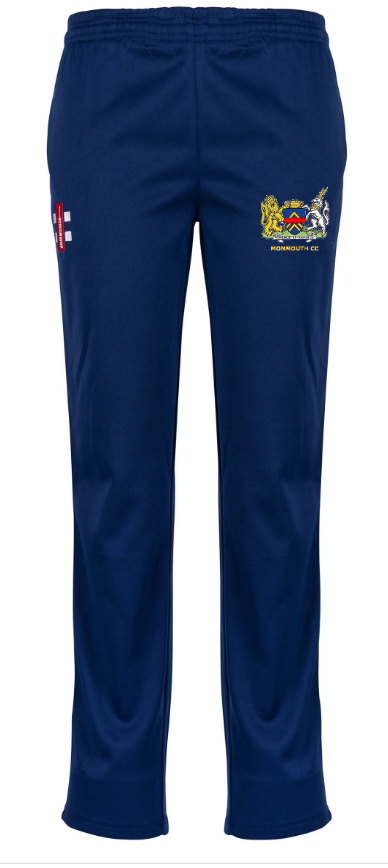The Monmouth CC Matrix V2 Ladies Match Cricket Trousers by Gray Nicolls are navy blue with an elastic waistband, a crest and Monmouth CC on the right thigh, and a red-and-white logo on the left, shown against a white background.