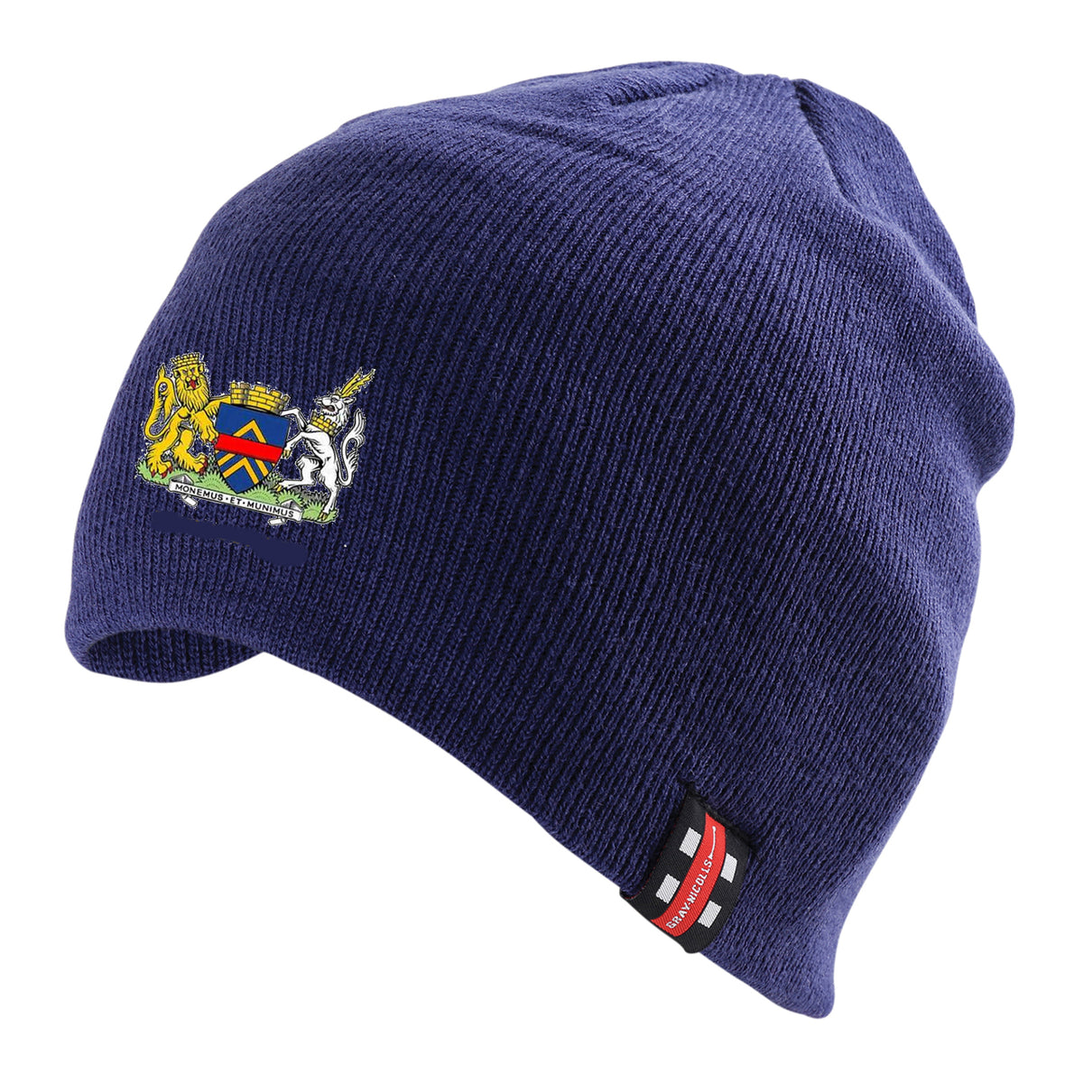 The Gray Nicolls Monmouth CC Beanie Hat is blue, features an embroidered club coat of arms logo on the front and a small red, black, and white side tag on the brim; one size fits most.