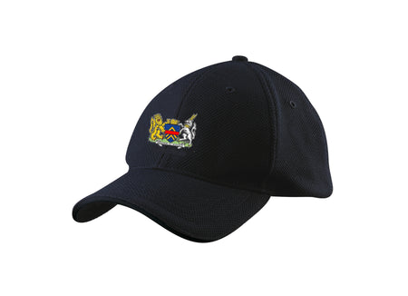 The Gray Nicolls Monmouth CC GN Baseball Cap is black with an embroidered club logo featuring a lion, bird, and colorful shield on the front.