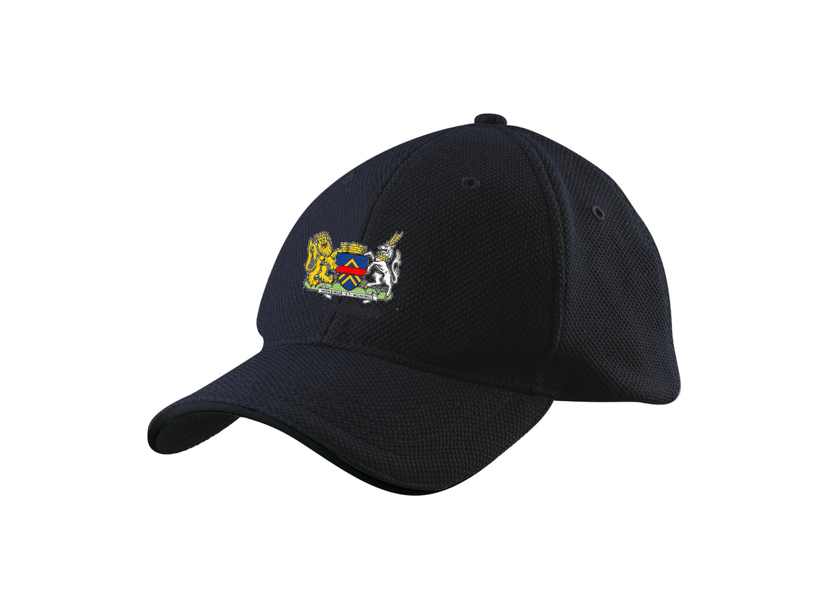 The Gray Nicolls Monmouth CC GN Baseball Cap is a plain black cap with an embroidered multicolored crest featuring a lion and unicorn, inspired by Monmouth Cricket Club.