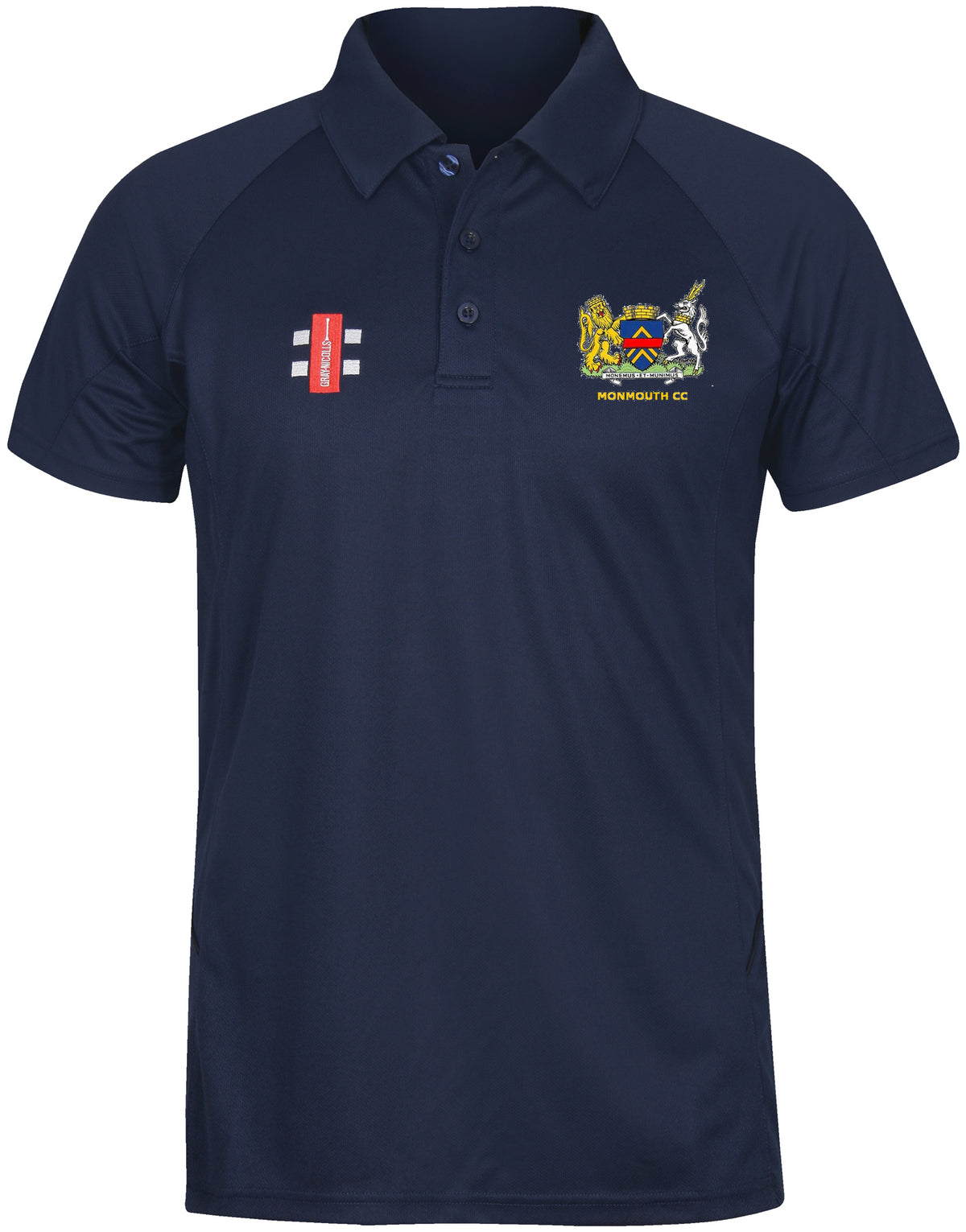 The Monmouth CC Senior Matrix V2 Polo Shirt by Gray Nicolls is a navy blue, moisture-controlling short sleeve polo with a collar. It features two embroidered badges: a red logo on the right chest and a lion, unicorn crest with MONMOUTH CC text on the left.