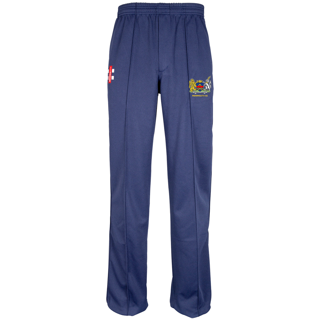 The Gray Nicolls Monmouth CC Matrix T20 Trouser features an elasticated waist, straight leg design, and unfinished hem, with an embroidered England flag on the left thigh and a colorful crest on the right. Navy blue athletic fit.