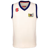 The Gray Nicolls Monmouth CC Junior Pro Performance Slipover is sleeveless, white with dark blue neck and armhole trim, featuring the Monmouth CC crest and chest text, plus a red logo on the right shoulder—ideal for junior cricketers.