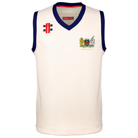 The Gray Nicolls Monmouth CC Junior Pro Performance Slipover is sleeveless, white with dark blue neck and armhole trim, featuring the Monmouth CC crest and chest text, plus a red logo on the right shoulder—ideal for junior cricketers.