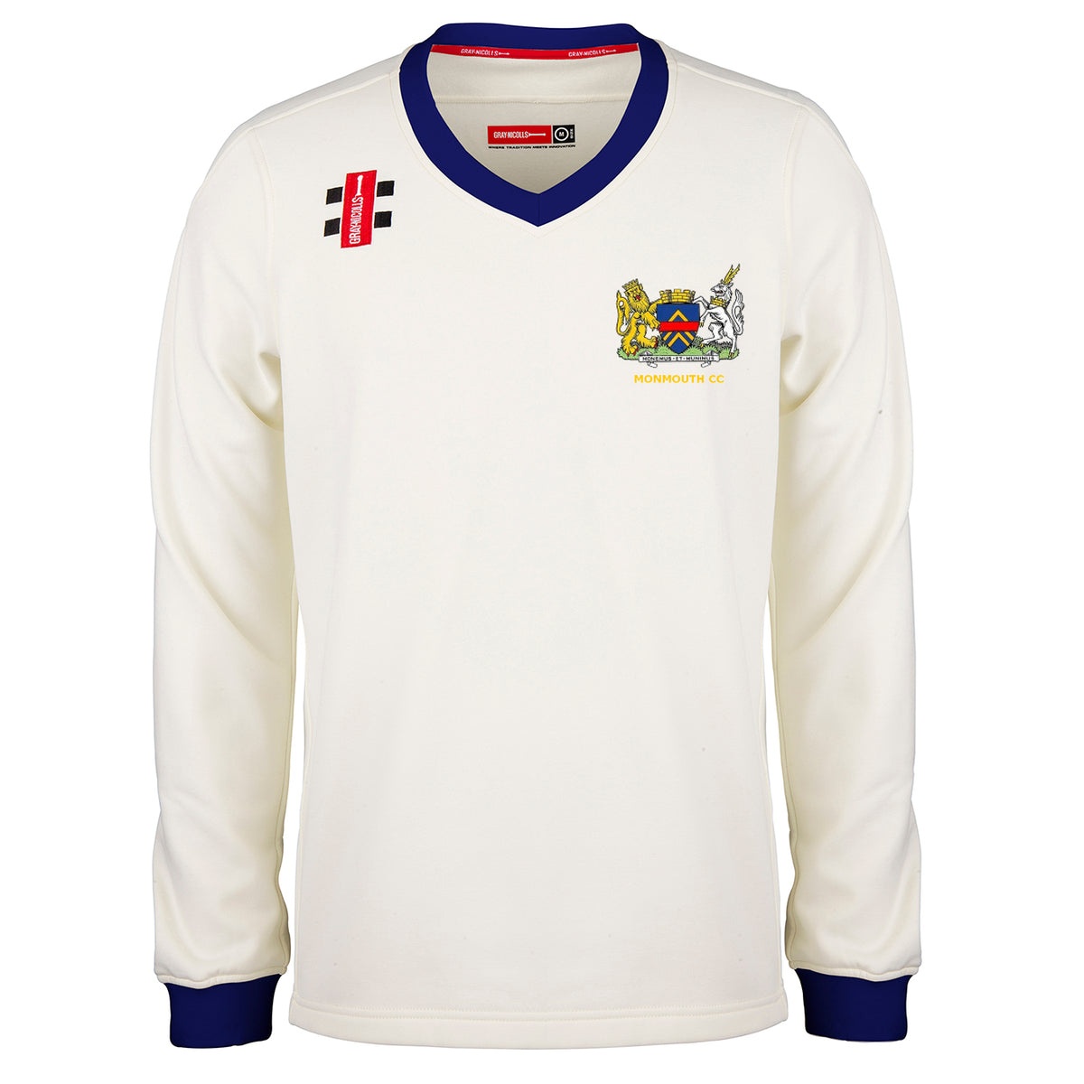The Gray Nicolls Monmouth CC Larger Sizes Junior Pro Performance Sweater features long sleeves, blue cuffs and collar, the club crest on the chest, plus logo details—perfect for junior players seeking a pro look.
