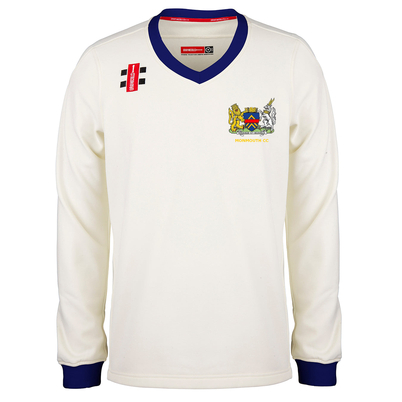 The Gray Nicolls Monmouth CC Larger Sizes Junior Pro Performance Sweater features long sleeves, blue cuffs and collar, the club crest on the chest, plus logo details—perfect for junior players seeking a pro look.