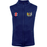 The Gray Nicolls Monmouth CC Storm Thermo Bodywarmer is a navy stretch micro fleece zip-up vest with two zip pockets, an embroidered MONMOUTH CC crest on the left chest, and a red and white rectangular logo on the right.