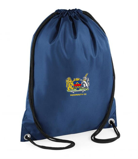 The PenCarrie Monmouth CC BG10 Drawstring Bag is blue with black cords, crafted from water resistant 210D polyester, and features an embroidered crest plus "MONMOUTH CC" text on the front.