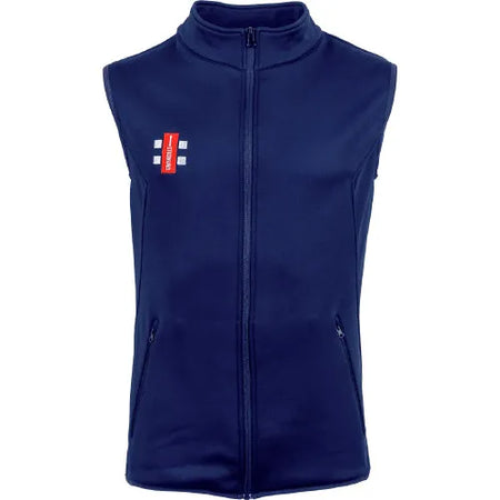 The Gray Nicolls Oldlands CC Storm Fleece Body Warmer is a navy blue sleeveless micro fleece gilet with a zip front, high collar, two pockets, and a small red and white logo with three white vertical bars on the left chest.