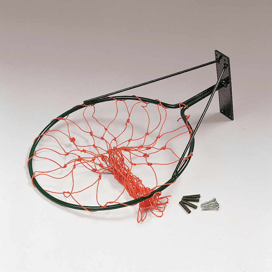 The Martin Berrill Sports Wall Mounted Netball Ring 10mm features a vibrant orange net, powder coated steel bracket, and screws. This detached unit is ready for installation and displayed on a plain surface.