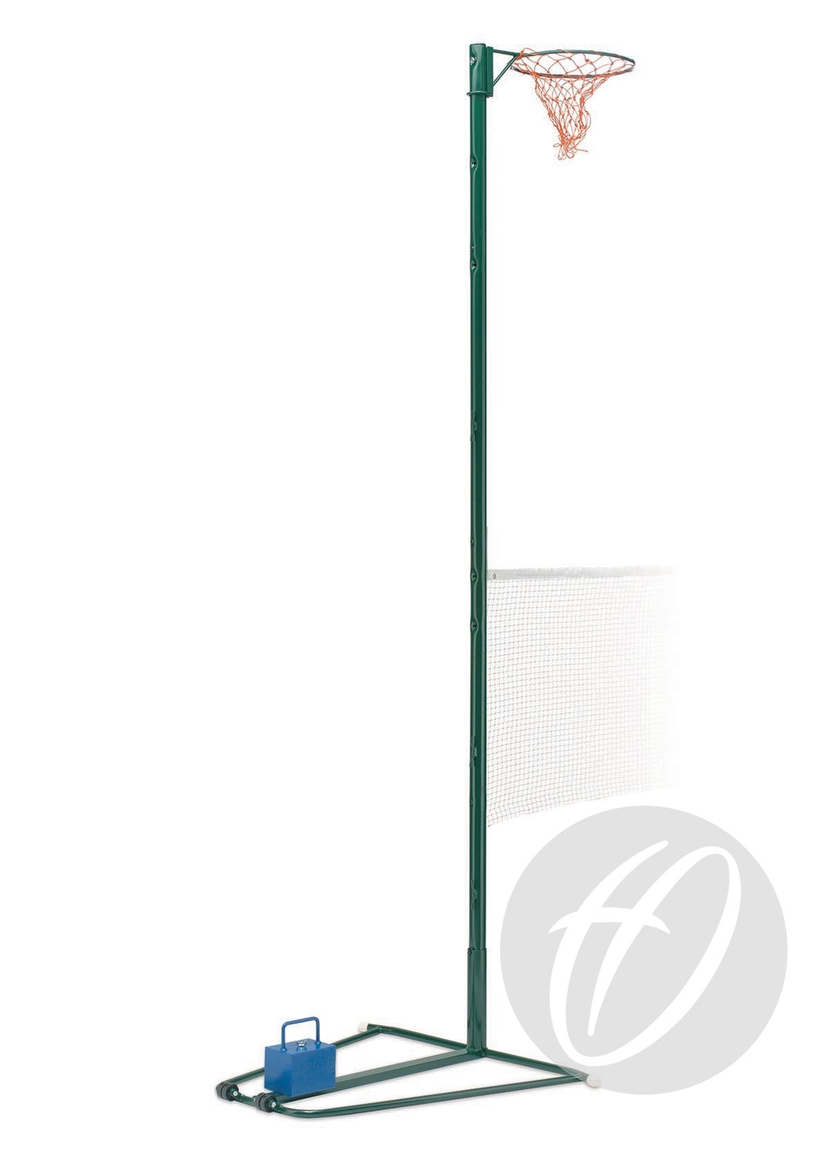 The Harrod Sport NB1AC Combination Post is a green metal netball post with an orange net and weighted base. A partial white mesh net for badminton or mini tennis and a blue weight on the base are also visible behind the post.