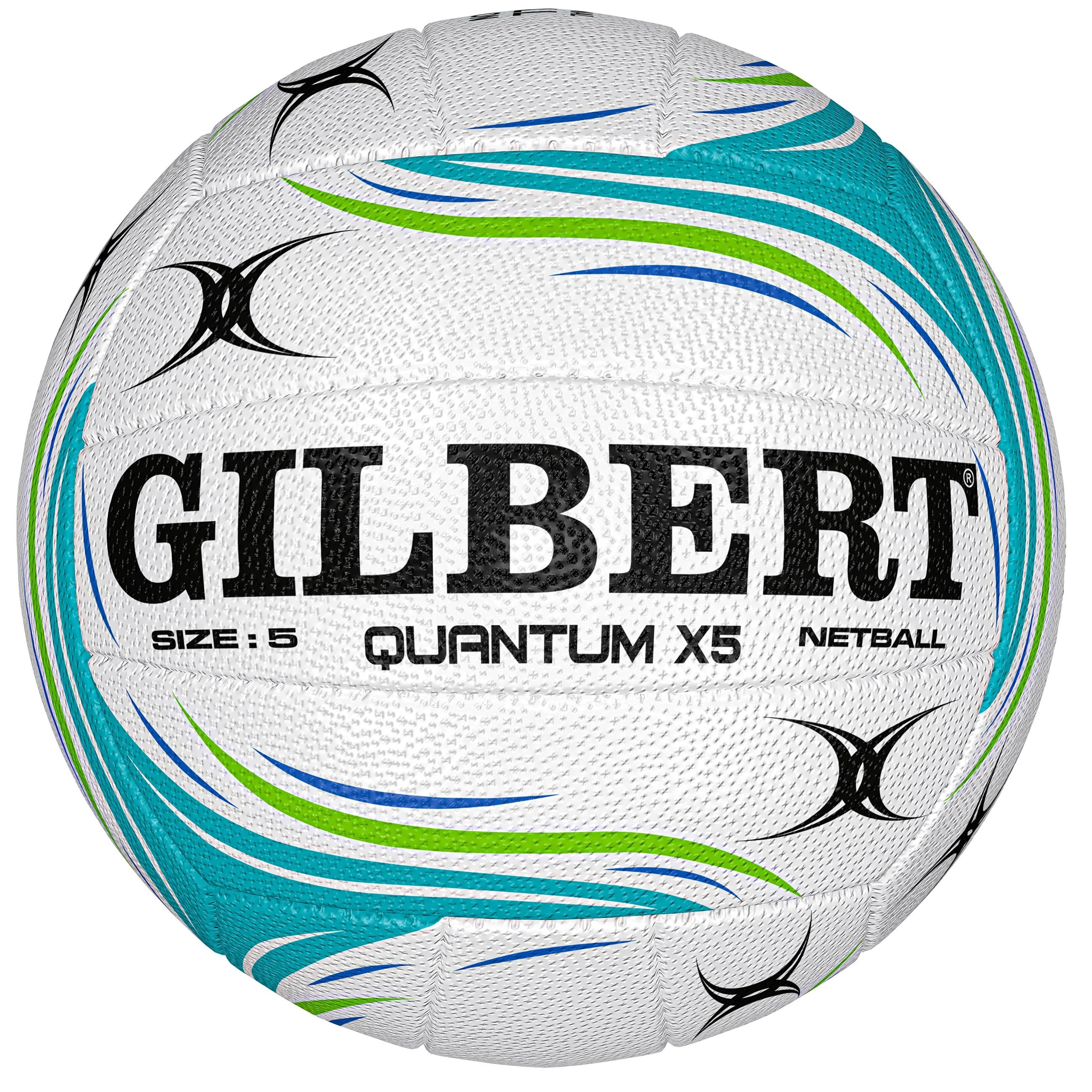 The Gilbert Quantum X5 Match Netball is a white indoor match ball with green and blue wave patterns, black accents, bold Gilbert branding, advanced grip, and "Size: 5" plus "NETBALL" printed in black.