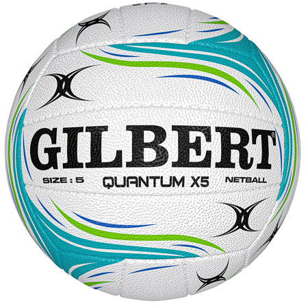 The Gilbert Quantum X5 Match Netball is a white indoor match ball with green and blue wave patterns, black accents, bold Gilbert branding, advanced grip, and "Size: 5" plus "NETBALL" printed in black.