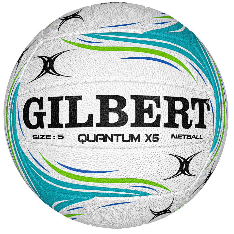 The Gilbert Quantum X5 Match Netball is a white indoor match ball with green and blue wave patterns, black accents, bold Gilbert branding, advanced grip, and "Size: 5" plus "NETBALL" printed in black.