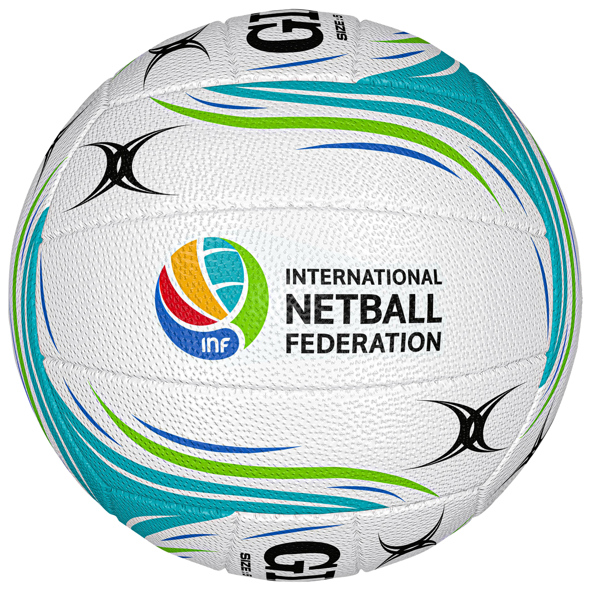 The Gilbert Quantum X5 Match Netball is a white, high performance indoor ball with blue, green, and yellow curved stripes. It features the International Netball Federation logo and offers advanced grip for optimal play.