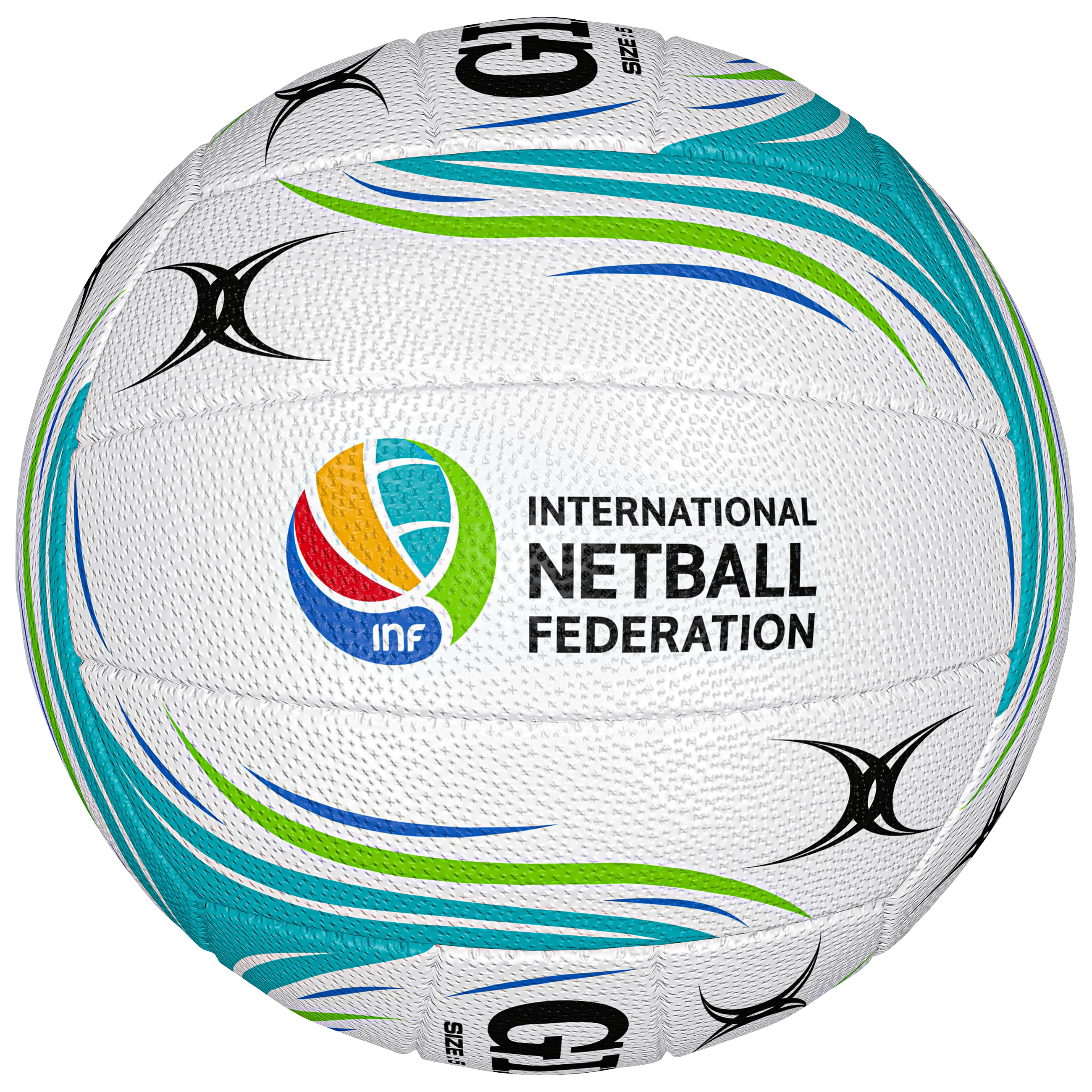 The Gilbert Quantum X5 Match Netball is a white, high performance indoor ball with blue, green, and yellow curved stripes. It features the International Netball Federation logo and offers advanced grip for optimal play.