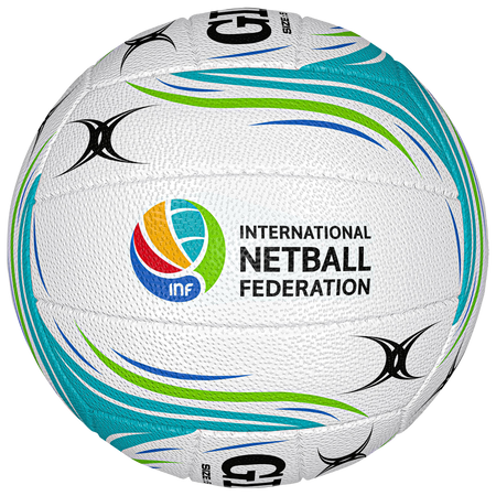 The Gilbert Quantum X5 Match Netball is a white, high performance indoor ball with blue, green, and yellow curved stripes. It features the International Netball Federation logo and offers advanced grip for optimal play.