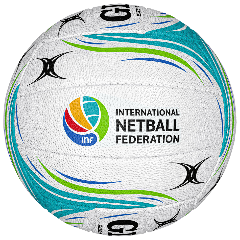 The Gilbert Quantum X5 Match Netball is a white, high performance indoor ball with blue, green, and yellow curved stripes. It features the International Netball Federation logo and offers advanced grip for optimal play.