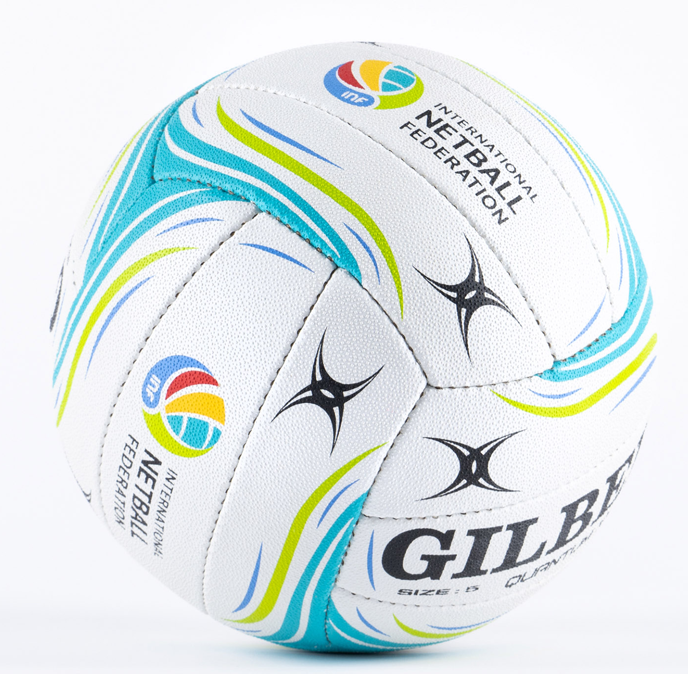 The Gilbert Quantum X5 Match Netball is a high-performance indoor ball with advanced grip, featuring blue, green, and yellow swirls and the International Netball Federation logo, shown against a plain white background.