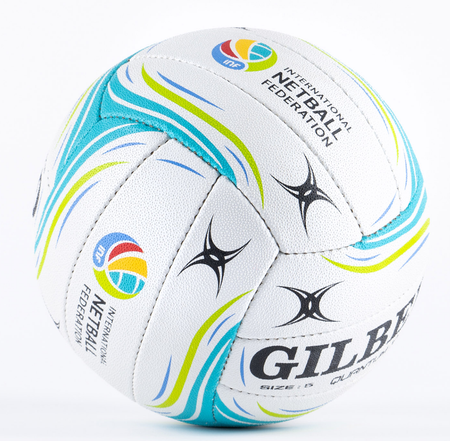 The Gilbert Quantum X5 Match Netball is a high-performance indoor ball with advanced grip, featuring blue, green, and yellow swirls and the International Netball Federation logo, shown against a plain white background.