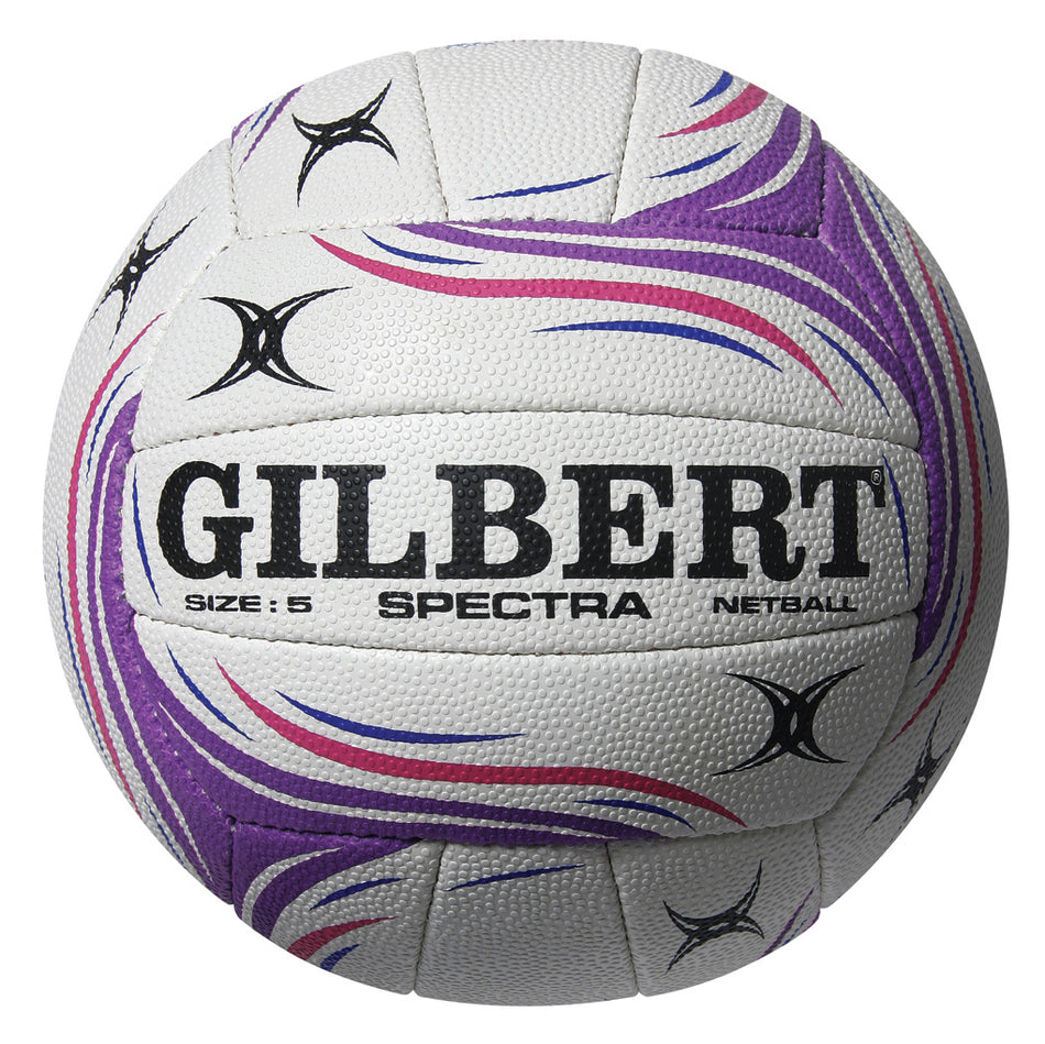 The Gilbert Spectra Match Netball is a high-quality netball featuring purple, pink, and blue curved designs with black star-shaped logos and “GILBERT SIZE: 5 SPECTRA NETBALL” printed in black—ideal for outdoor matches.