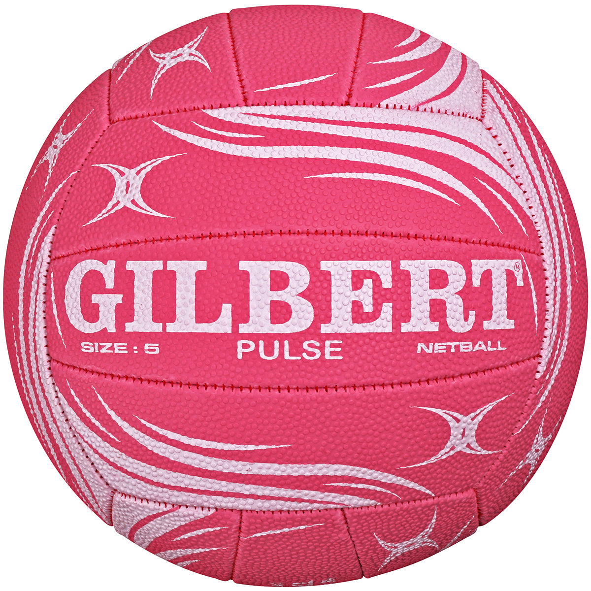A pink/white Gilbert Pulse Match Netball featuring swirled patterns and text displaying "GILBERT," "SIZE: 5," "PULSE," and "NETBALL" on its surface.