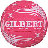 A pink/white Gilbert Pulse Match Netball featuring swirled patterns and text displaying "GILBERT," "SIZE: 5," "PULSE," and "NETBALL" on its surface.