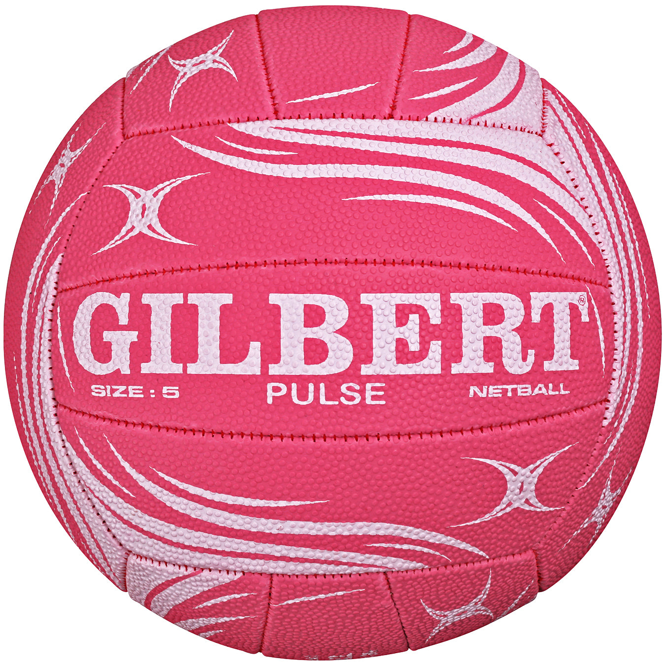 A pink/white Gilbert Pulse Match Netball featuring swirled patterns and text displaying "GILBERT," "SIZE: 5," "PULSE," and "NETBALL" on its surface.