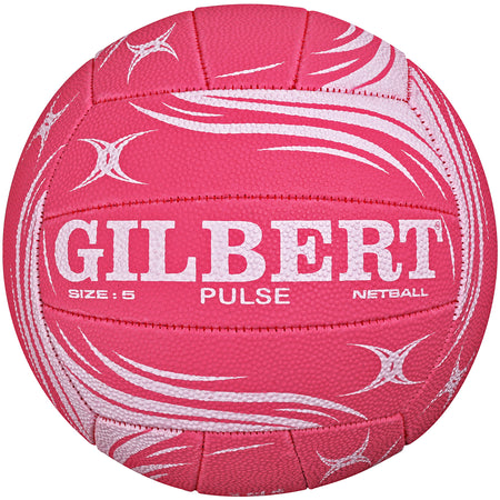 A pink/white Gilbert Pulse Match Netball featuring swirled patterns and text displaying "GILBERT," "SIZE: 5," "PULSE," and "NETBALL" on its surface.