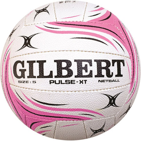 The Gilbert Pulse XT Match Netball is a white and pink ball with black patterns and bold text. Featuring “GILBERT,” “Size: 5,” and “Netball” on its textured surface, it’s ideal for club training. Brand: Gilbert.