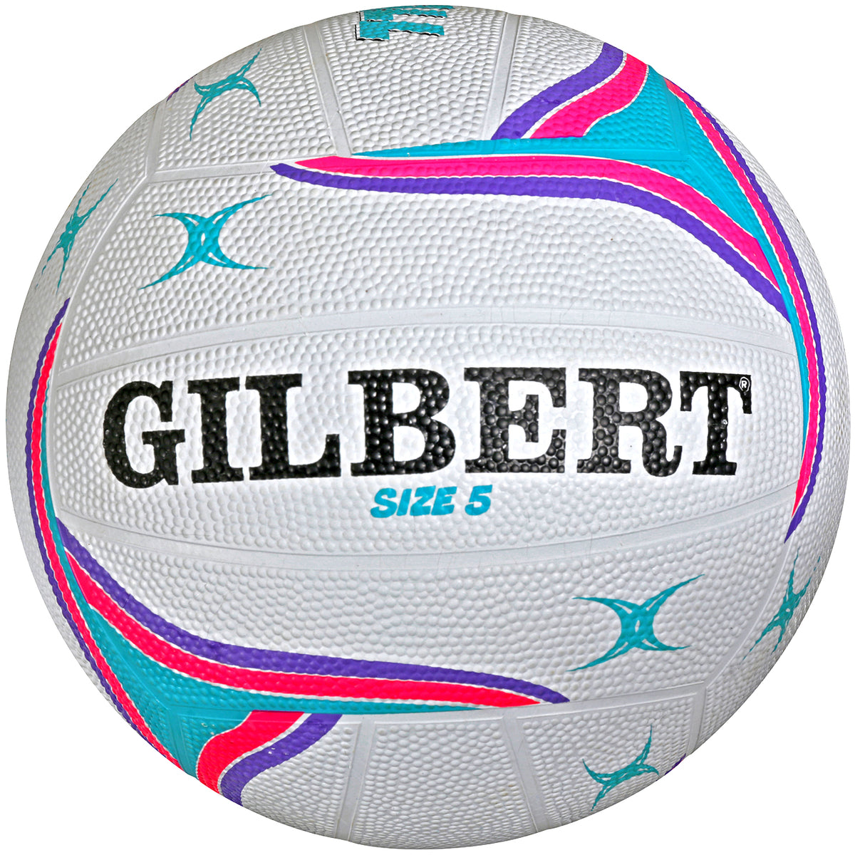 The Gilbert APT Netball is a white training ball with a textured surface, bold black GILBERT branding, and SIZE 5 in blue. It features teal, pink, and purple curves—ideal for outdoor play.