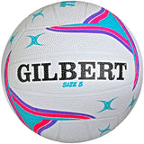 The Gilbert APT Netball is a white training ball with a textured surface, bold black GILBERT branding, and SIZE 5 in blue. It features teal, pink, and purple curves—ideal for outdoor play.