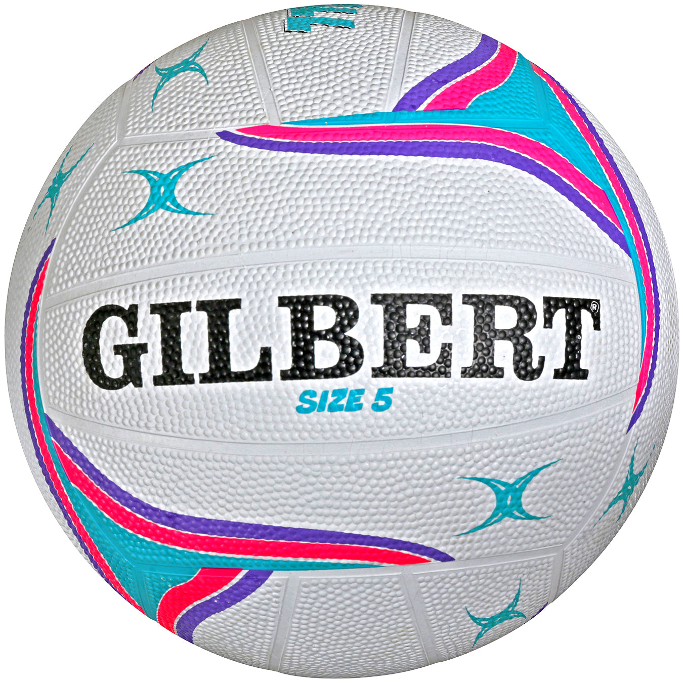 The Gilbert APT Netball is a white training ball with a textured surface, bold black GILBERT branding, and SIZE 5 in blue. It features teal, pink, and purple curves—ideal for outdoor play.